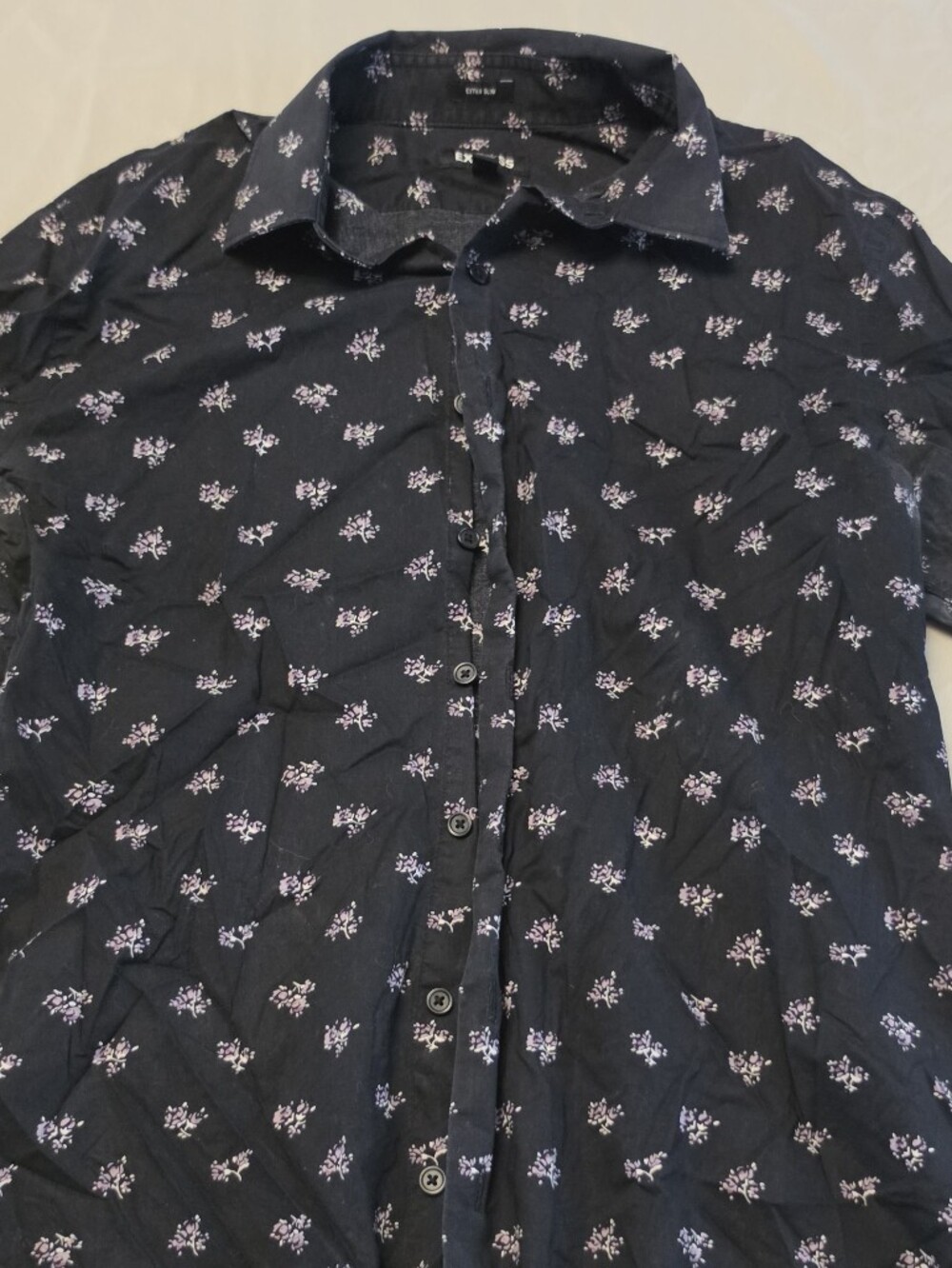 Express Medium Tall Black Dress Shirt With Purple Floral Pattern